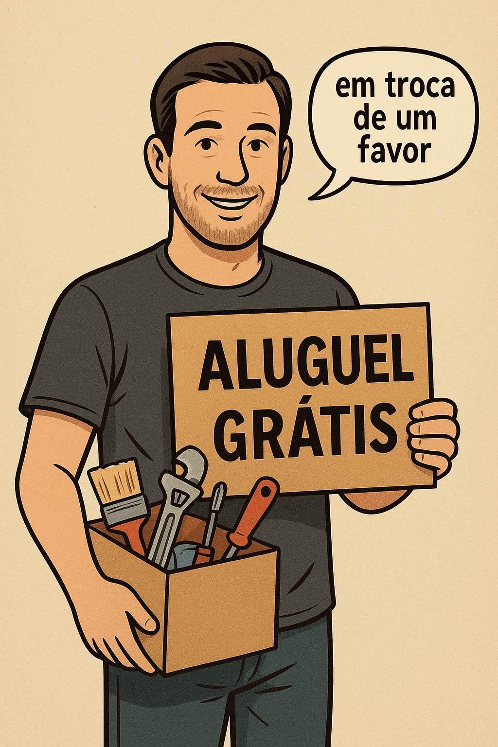Ilustração de um homem sorridente segurando uma caixa de ferramentas e um cartaz escrito 'Aluguel grátis'. Ao lado, um balão de fala diz 'em troca de um favor'.
